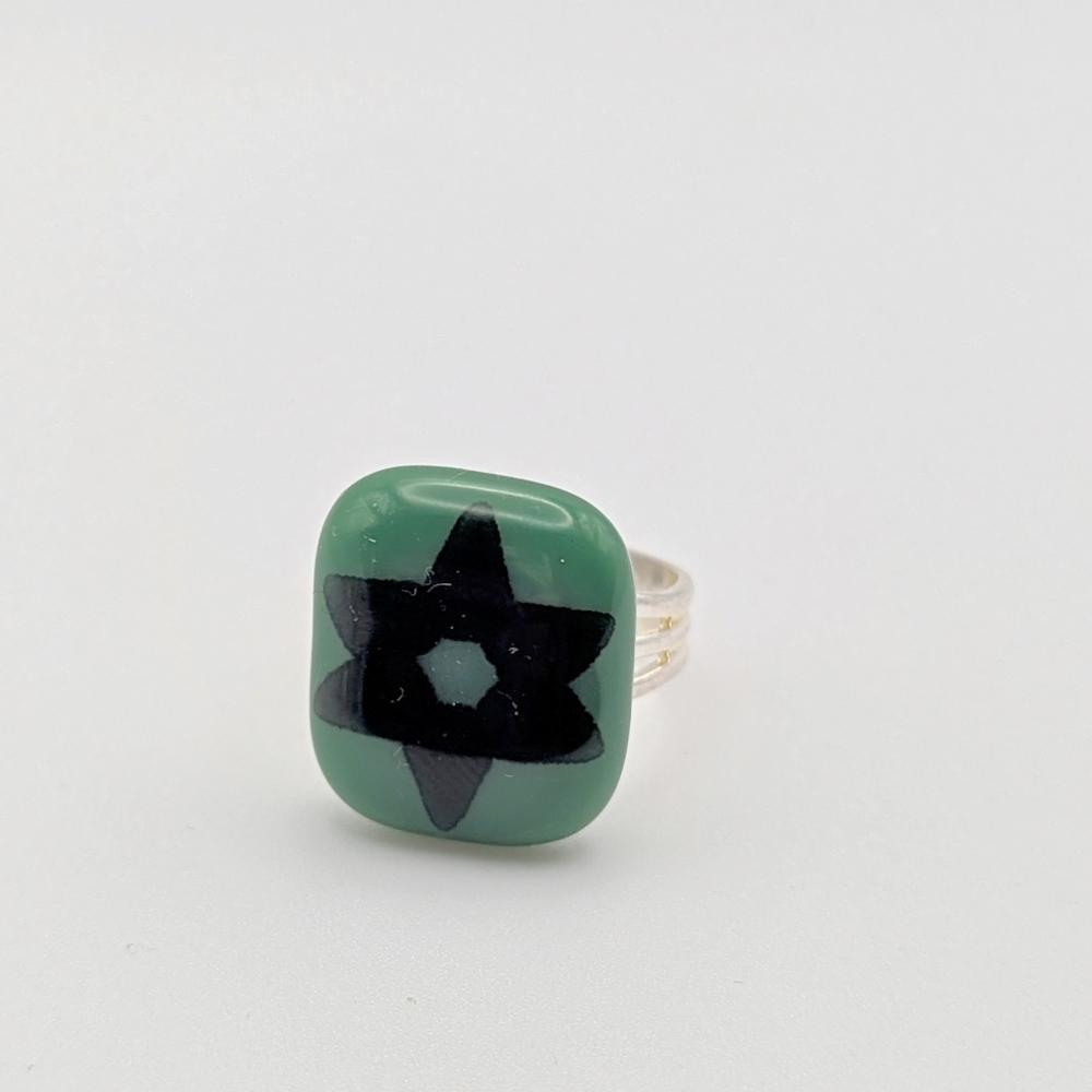 Handmade glass Green Star of David or statement ring silver plated adjustable